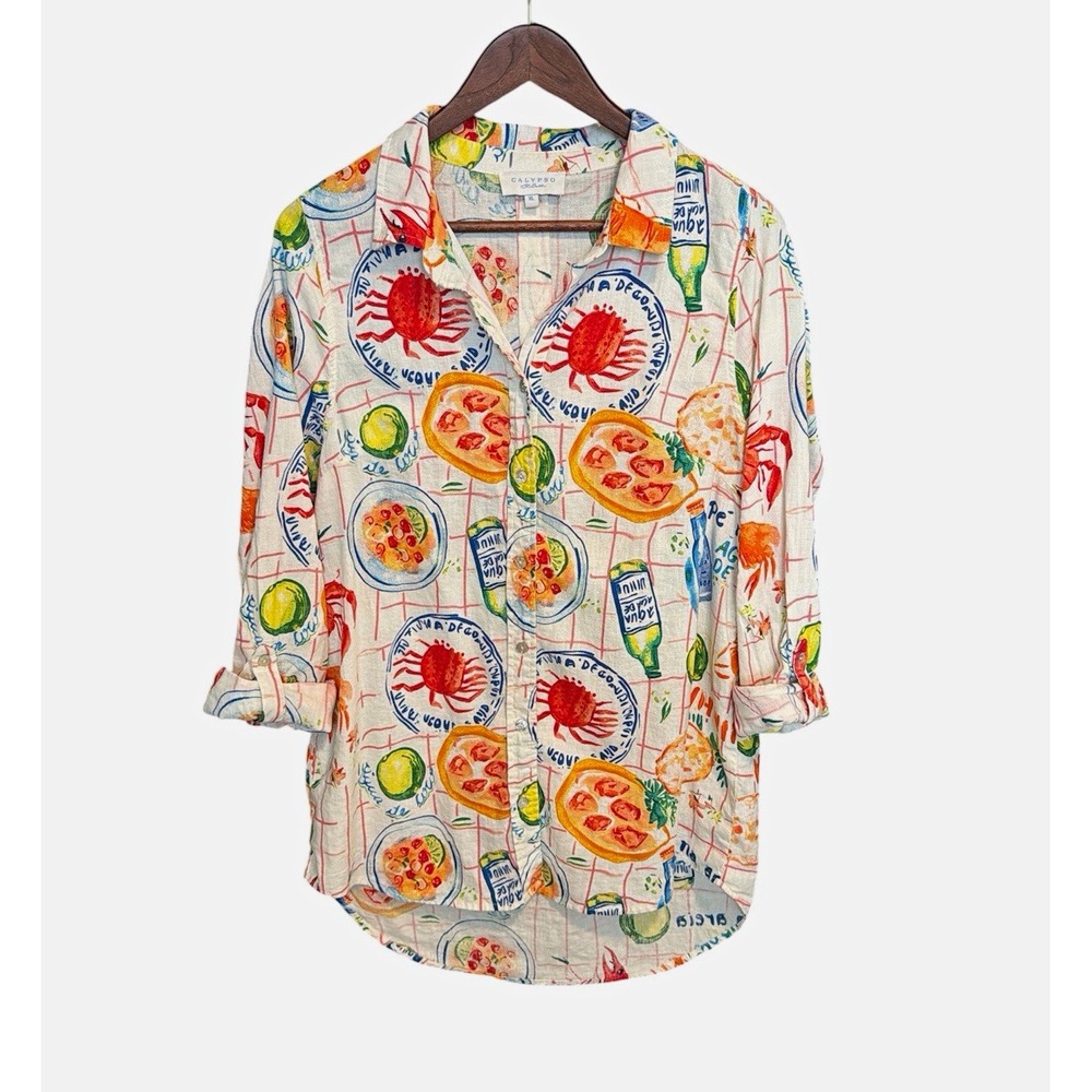 CALYPSO St. Barth Printed Button-Up Shirt XL Linen Blend Lobster Crab Coastal